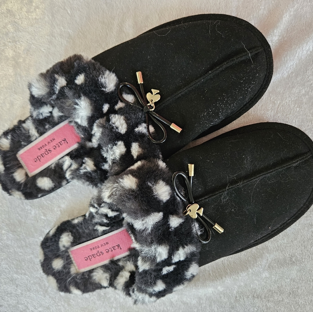NEW Kate Spade Black and White Fuzzy Slides Size 10